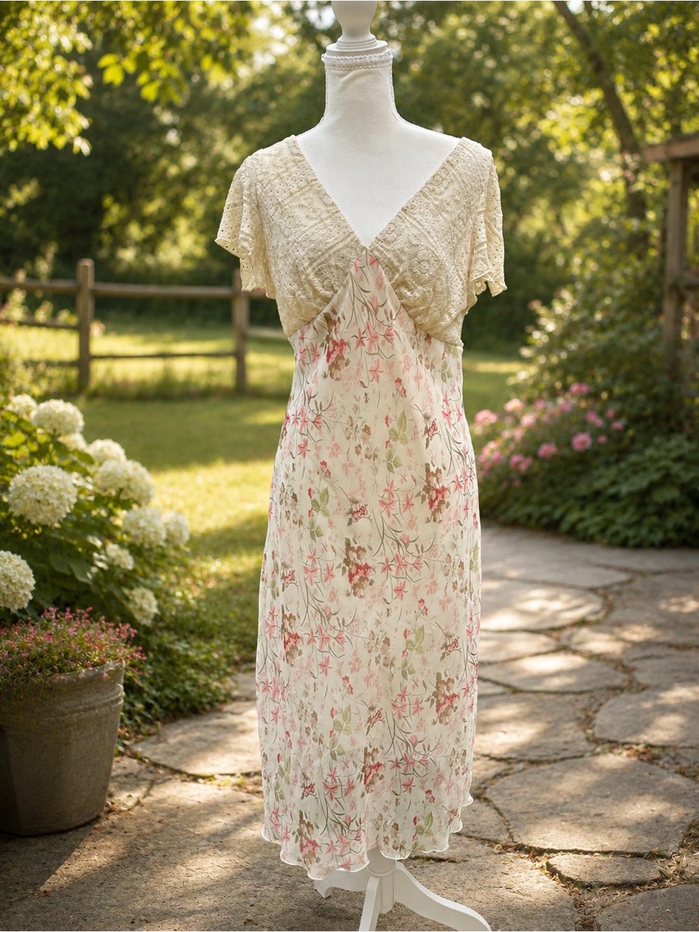 Cream Floral Midi Dress with Lace Bodice